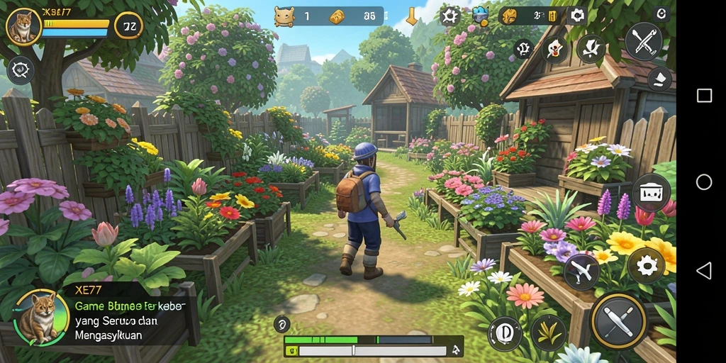 Gameplay XE77 yang menggambarkan kegiatan bertani yang menyenangkan.